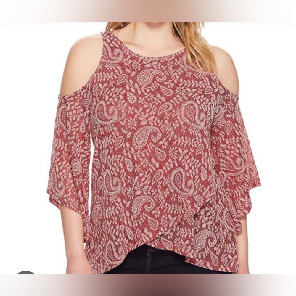NWT lucky brand high low bell sleeve blouse top shirt women Sz 1X red white - Picture 1 of 10